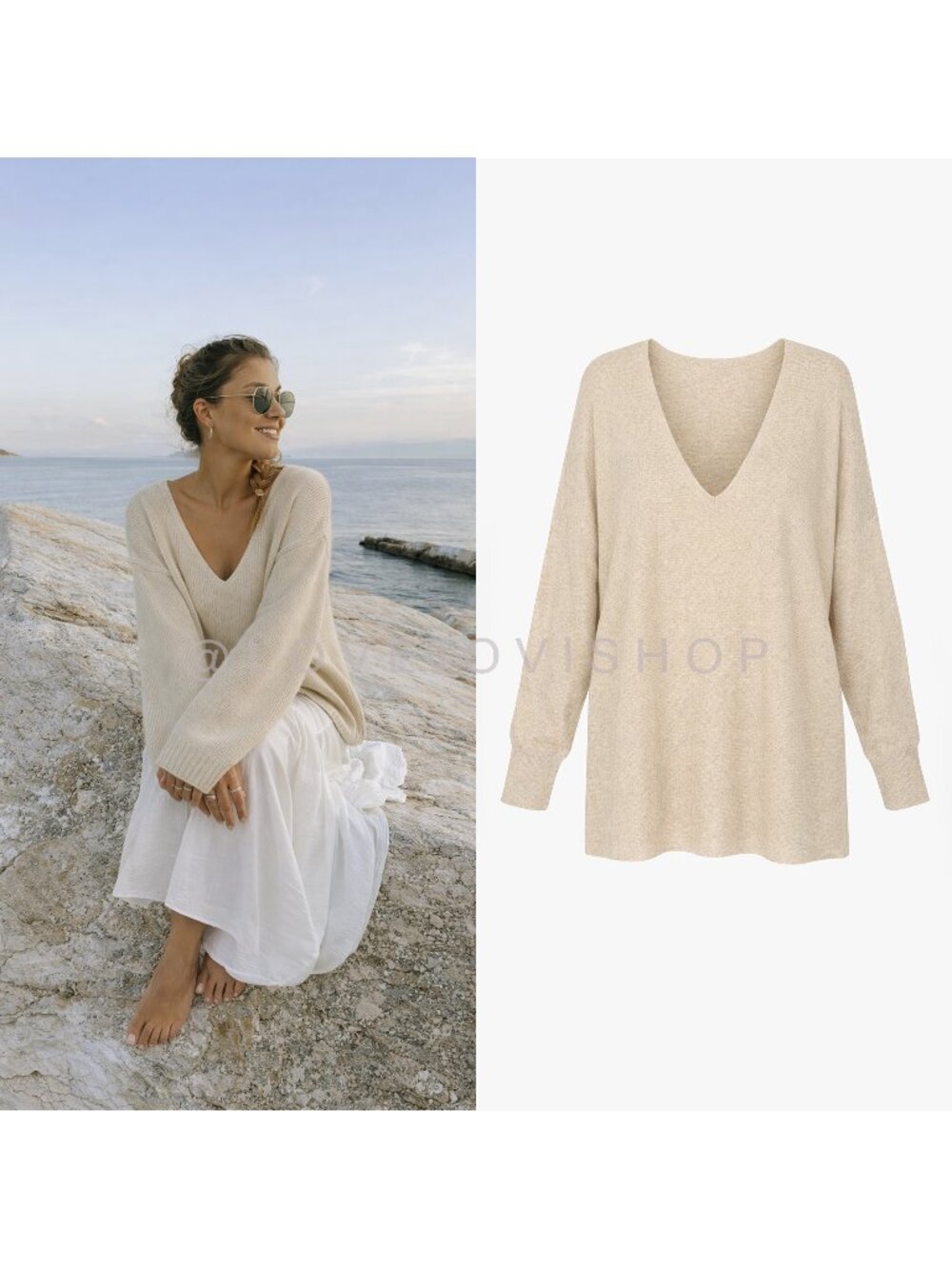 Sweater | Anthropologie Leith Oversized V Neck Knit Pullover Beige | Lightweight